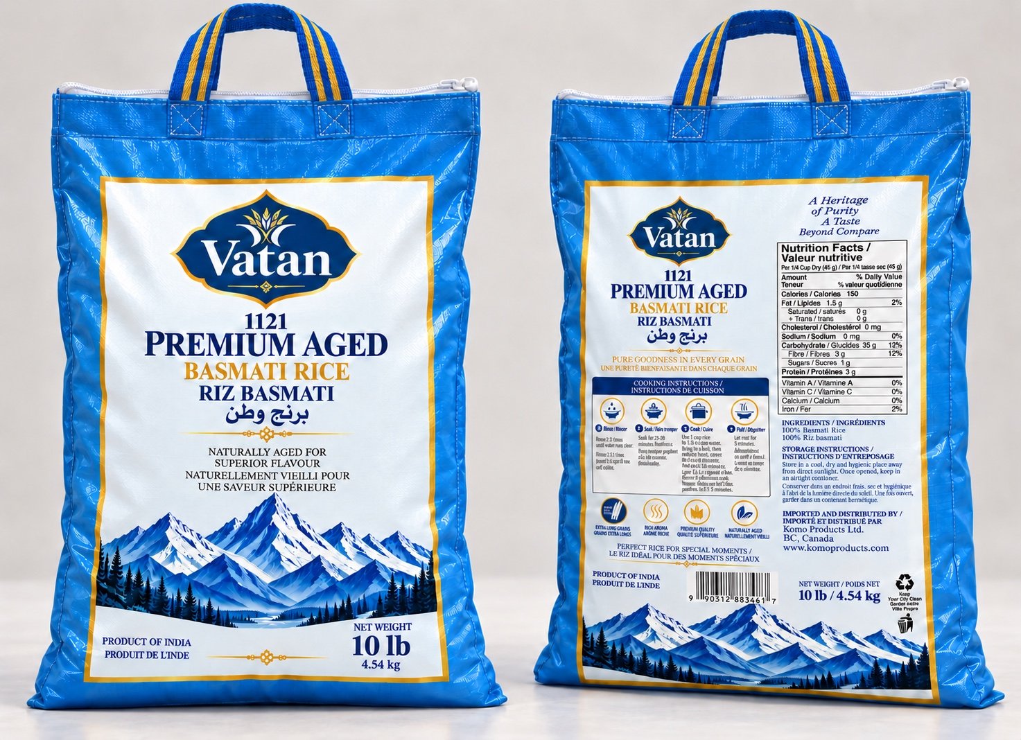Front and back of Vatan 1121 Premium Aged basmati rice 10 lb bag