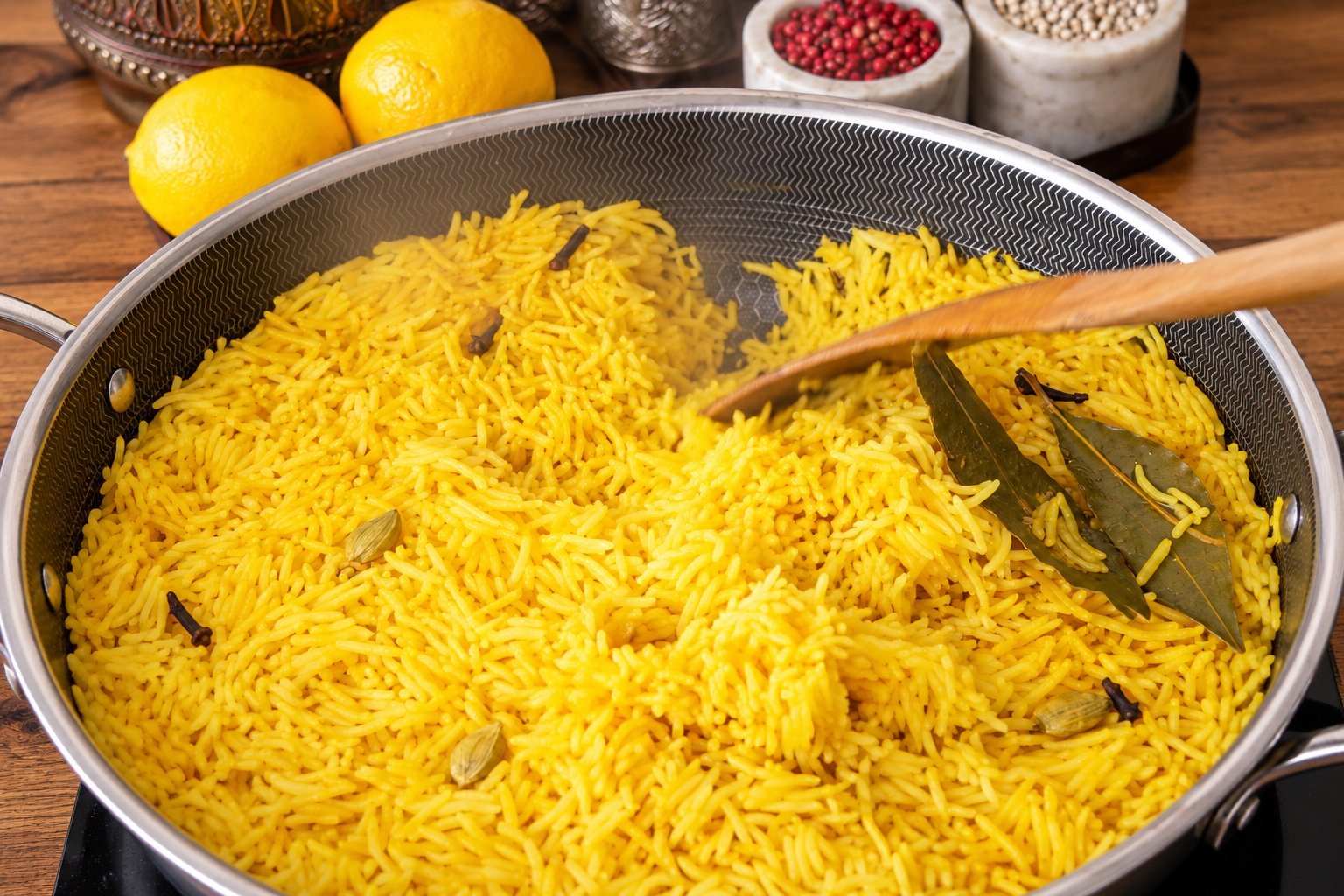 Turmeric basmati rice with bay leaves being stirred in a pan