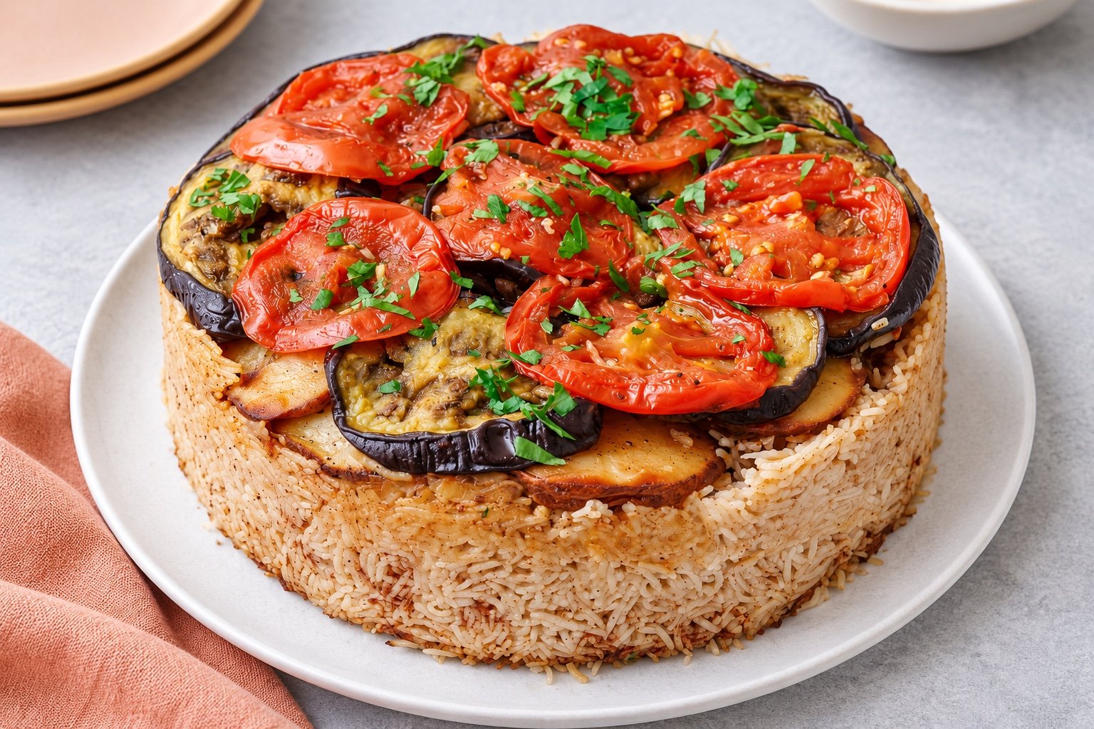 Maqluba rice topped with tomato, eggplant and potato slices