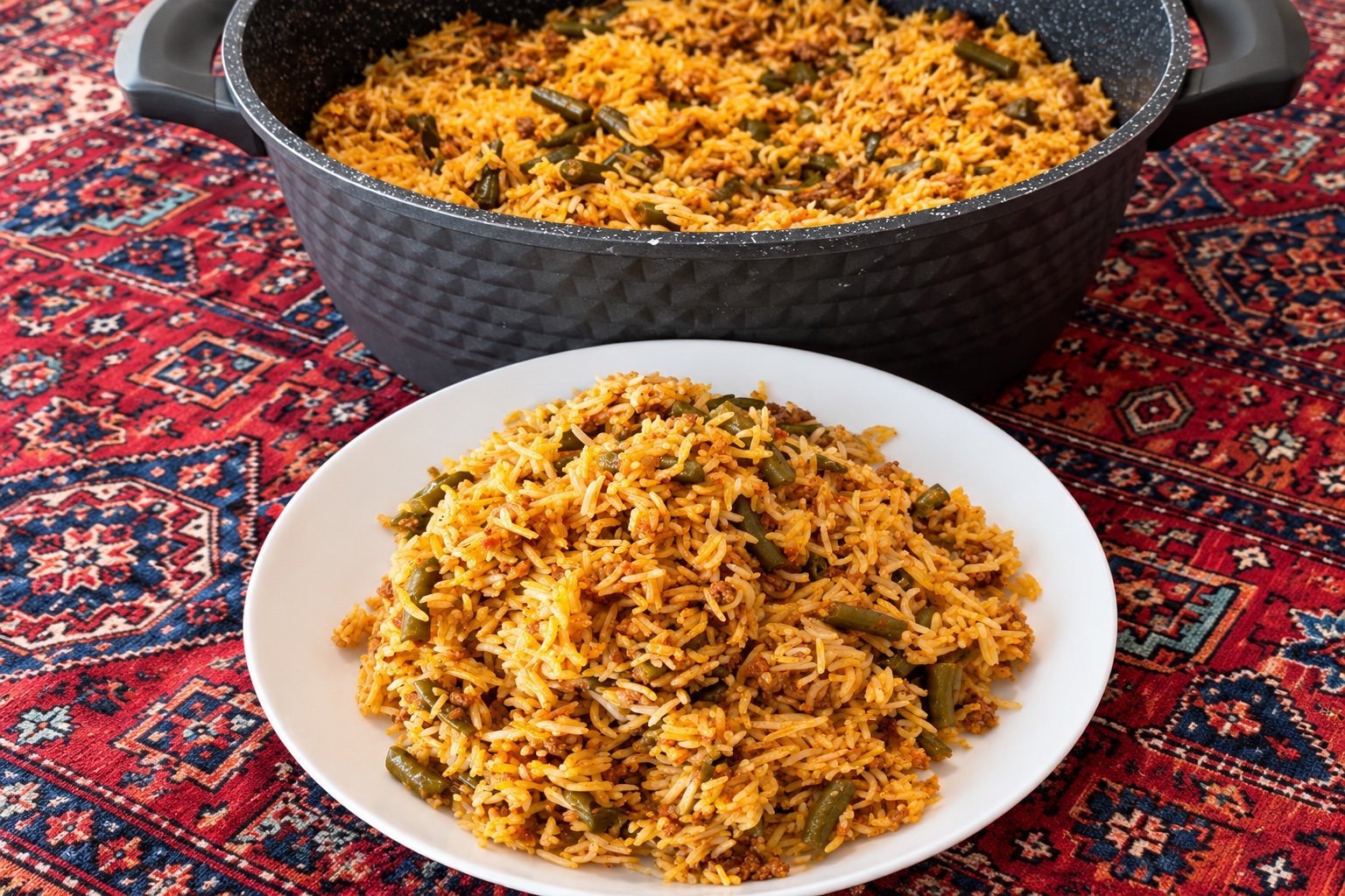 Loobia Polo served on a plate beside a pot of green bean rice