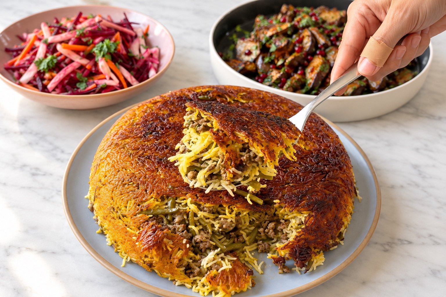 A spoon lifting Persian green bean rice from a crisp tahdig crust