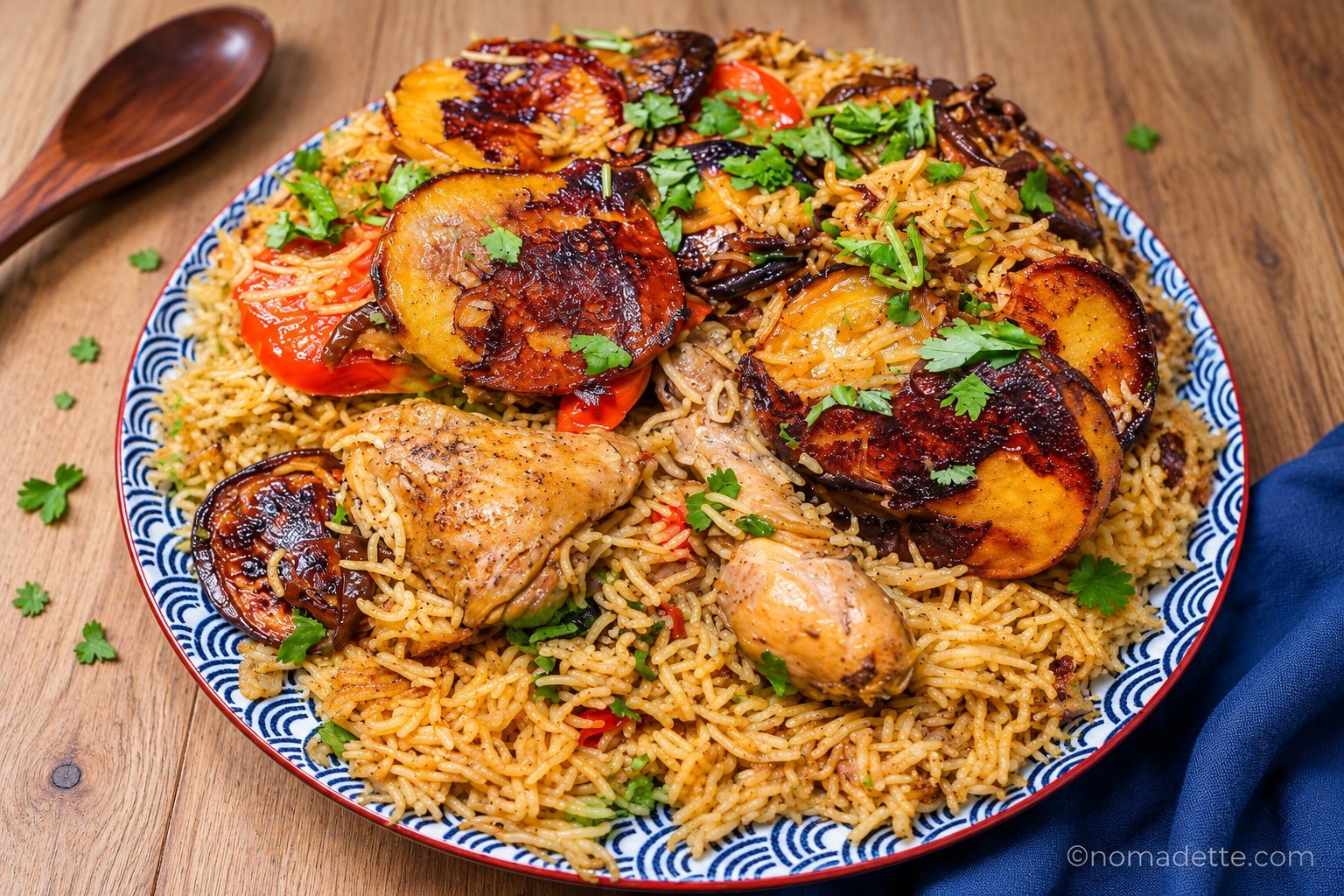 Chicken maqluba served on a blue patterned platter with potatoes and eggplant