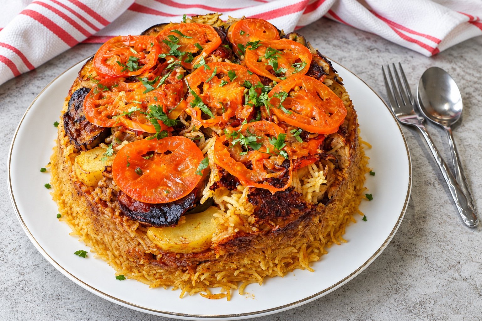 Upside-down maqluba rice with tomato and eggplant slices on a white platter