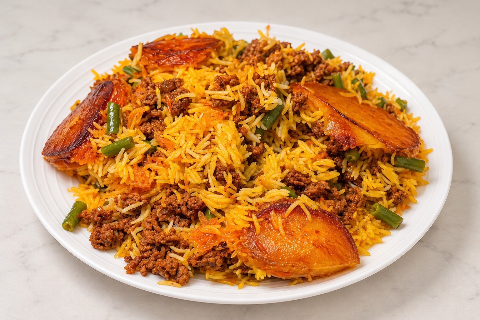 Persian rice with green beans, ground meat and potato tahdig