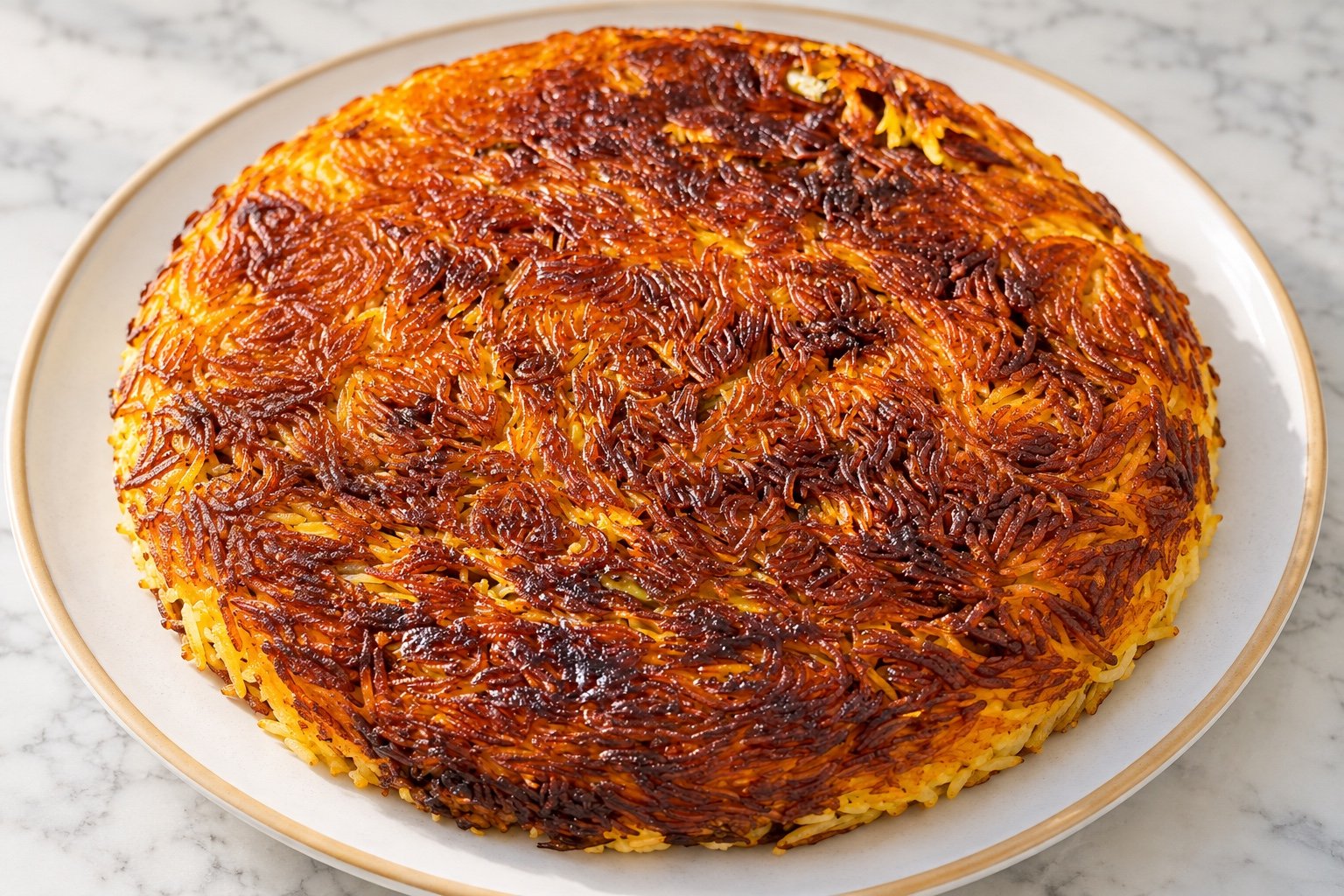 Crisp golden-brown rice tahdig on a round plate