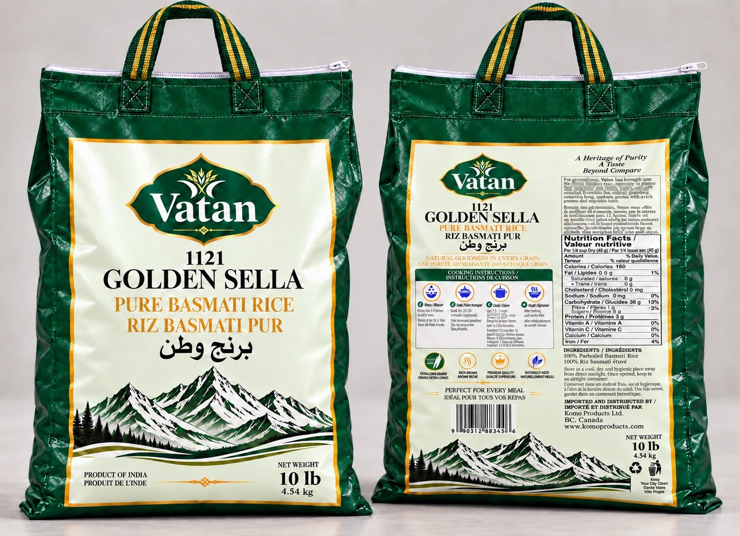 Front and back of Vatan 1121 Golden Sella pure basmati rice 10 lb bag