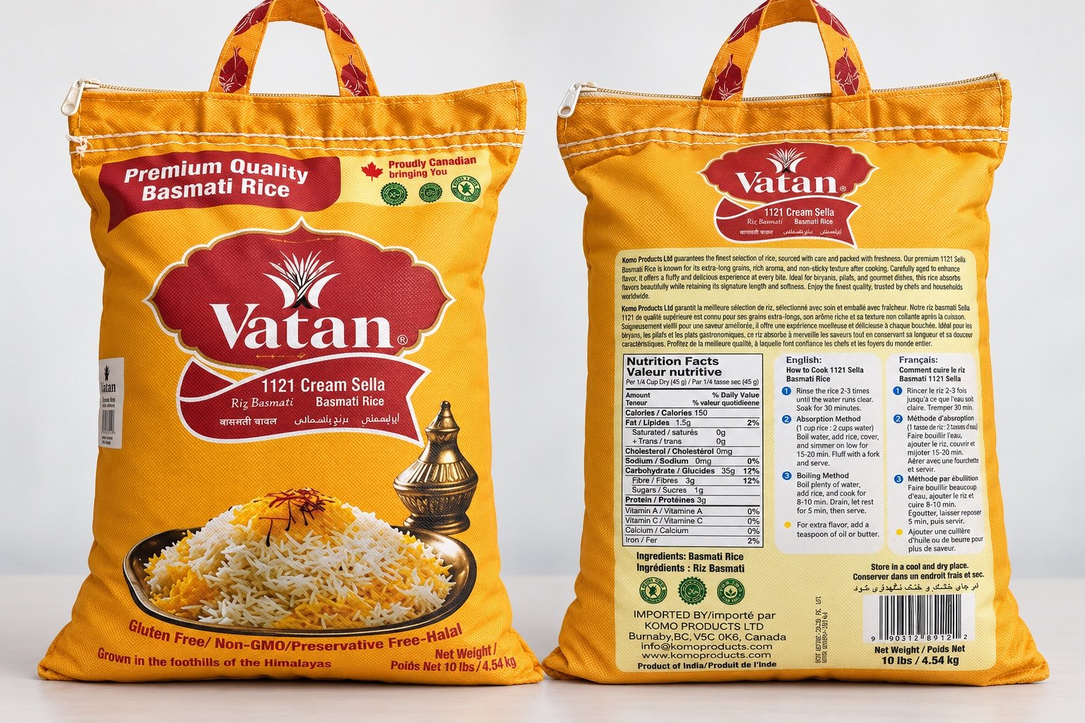Front and back of VATAN 1121 Cream Sella 10 lb rice bag with handles