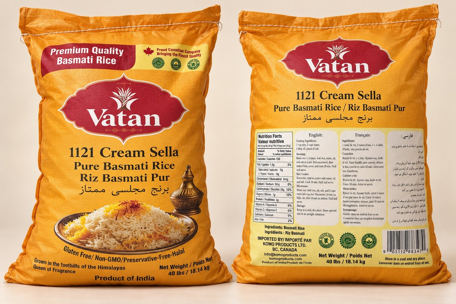 Front and back of VATAN 1121 Cream Sella basmati rice 40 lb foodservice bag