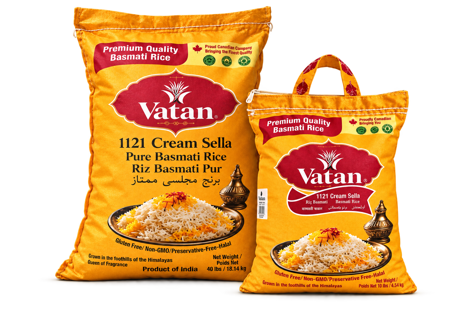 VATAN 1121 Cream Sella basmati rice 40 lb foodservice bag behind a 10 lb handled bag