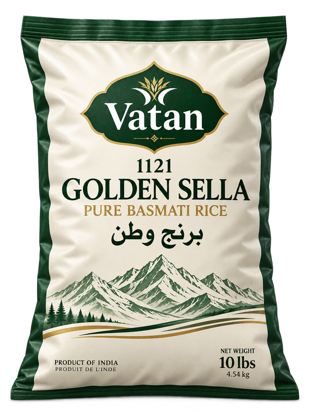 Green and cream VATAN 1121 Golden Sella Basmati Rice 10 lb bag