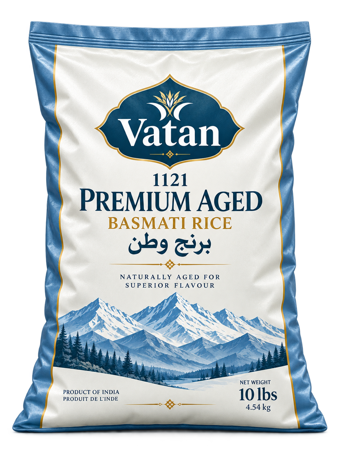 Blue and cream VATAN 1121 Premium Aged Basmati Rice 10 lb bag