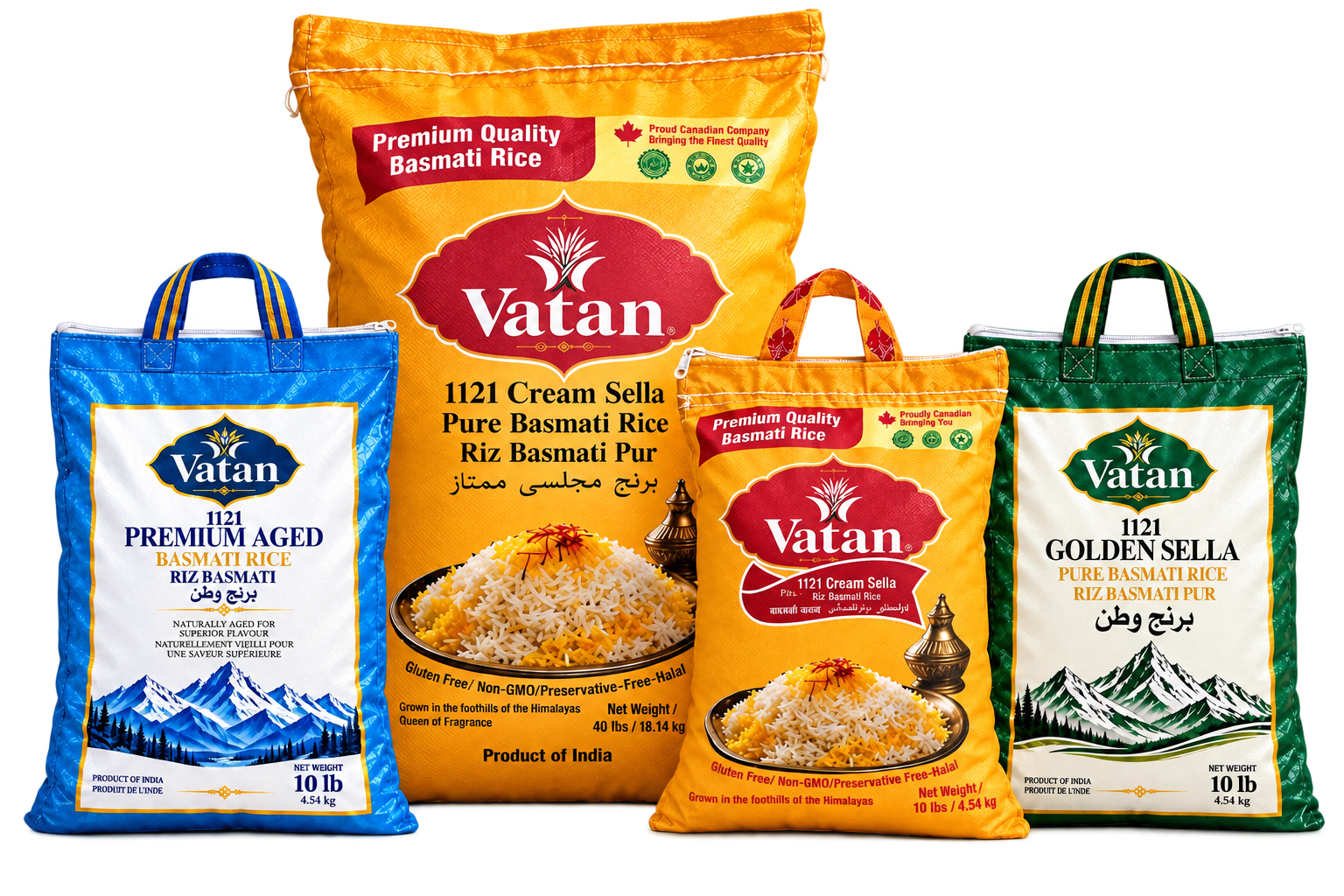 VATAN basmati rice range: 40 lb Cream Sella with 10 lb Premium Aged, Cream Sella and Golden Sella bags