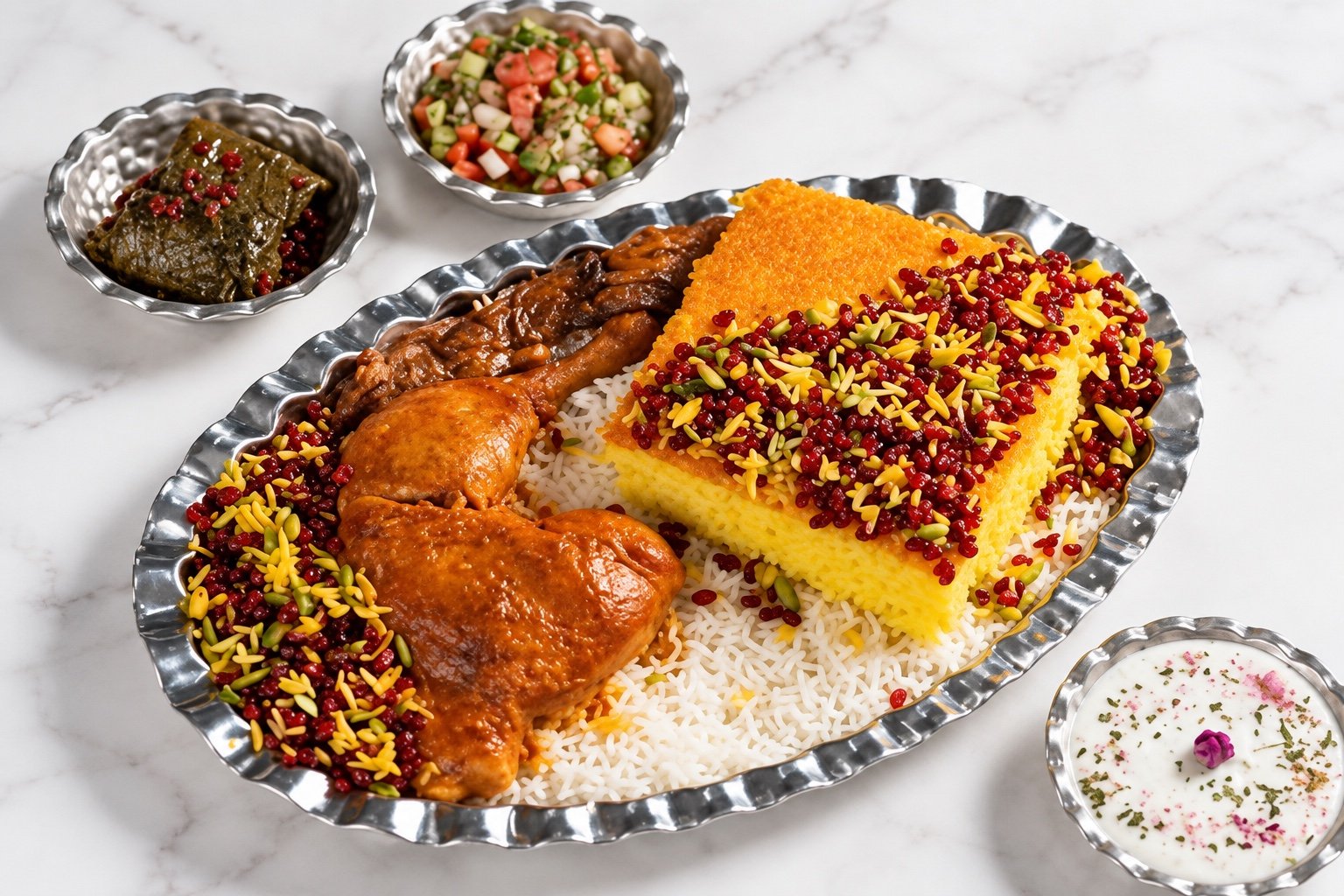Saffron tahchin squares with barberries and pistachios beside chicken, salad and yogurt