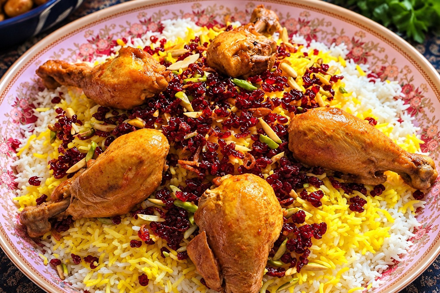 Persian barberry rice platter with chicken drumsticks, almonds and pistachios