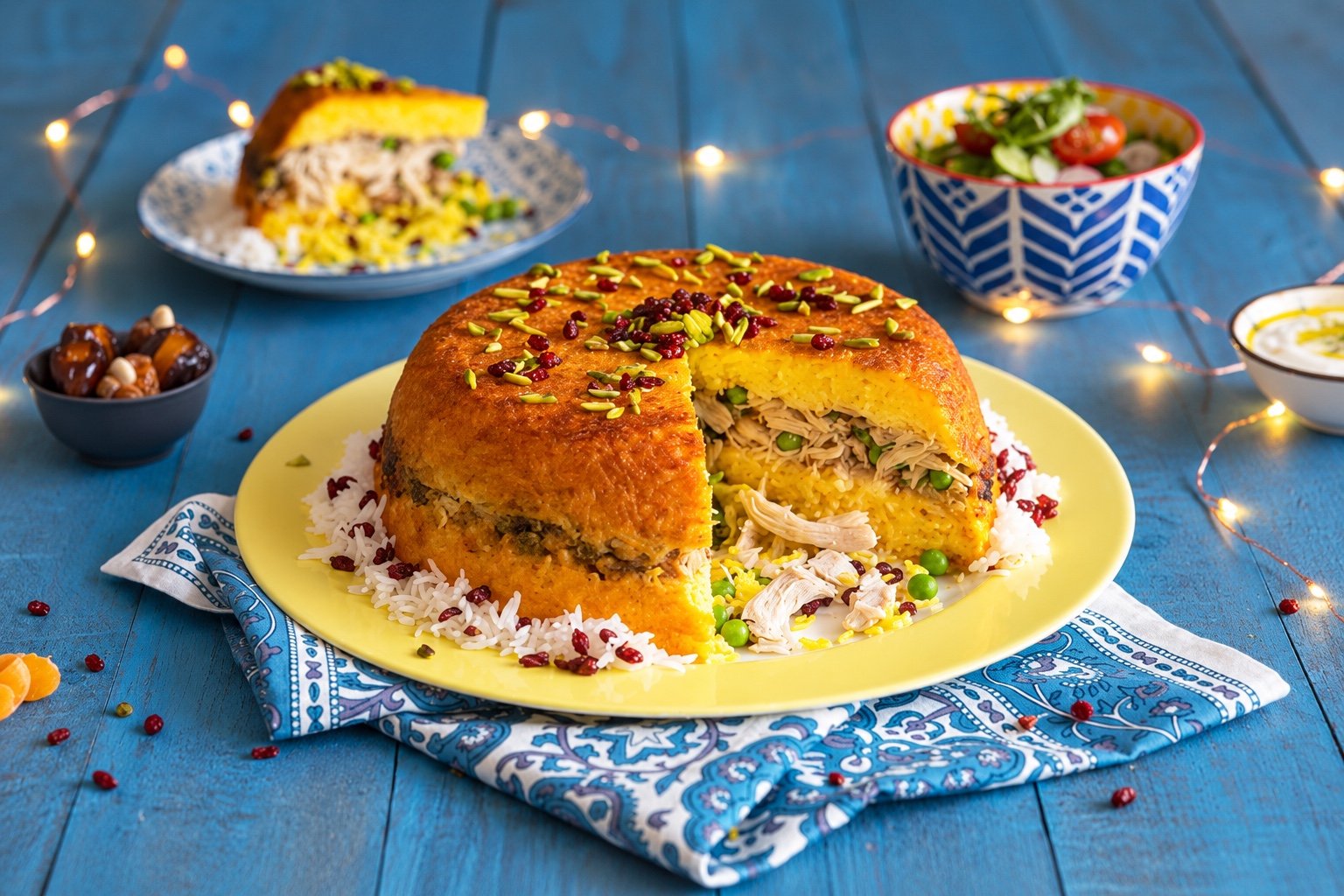 Sliced saffron tahchin revealing shredded chicken and peas on a yellow serving plate