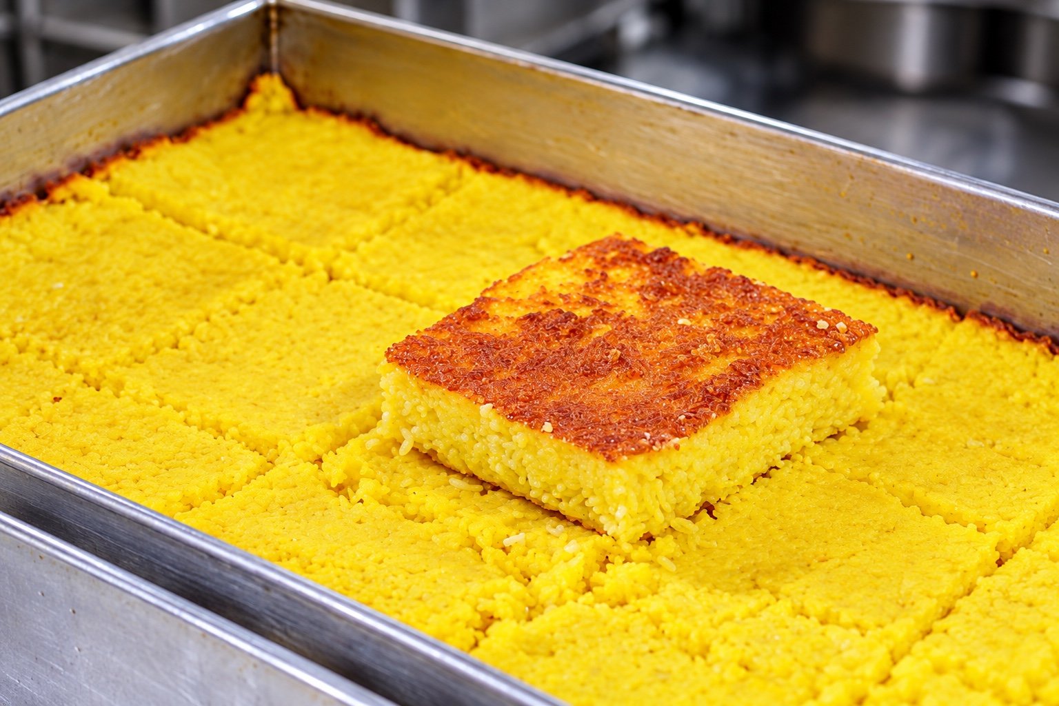 A golden crusted saffron rice square on tahchin portions in a baking tray