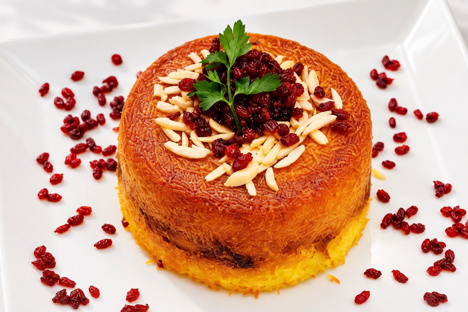 Round golden tahchin rice cake topped with barberries, slivered almonds and parsley