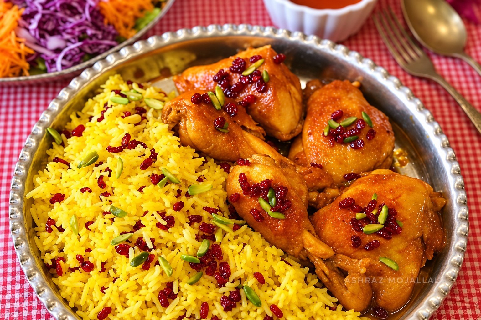 Saffron barberry rice and chicken garnished with pistachios on a silver platter