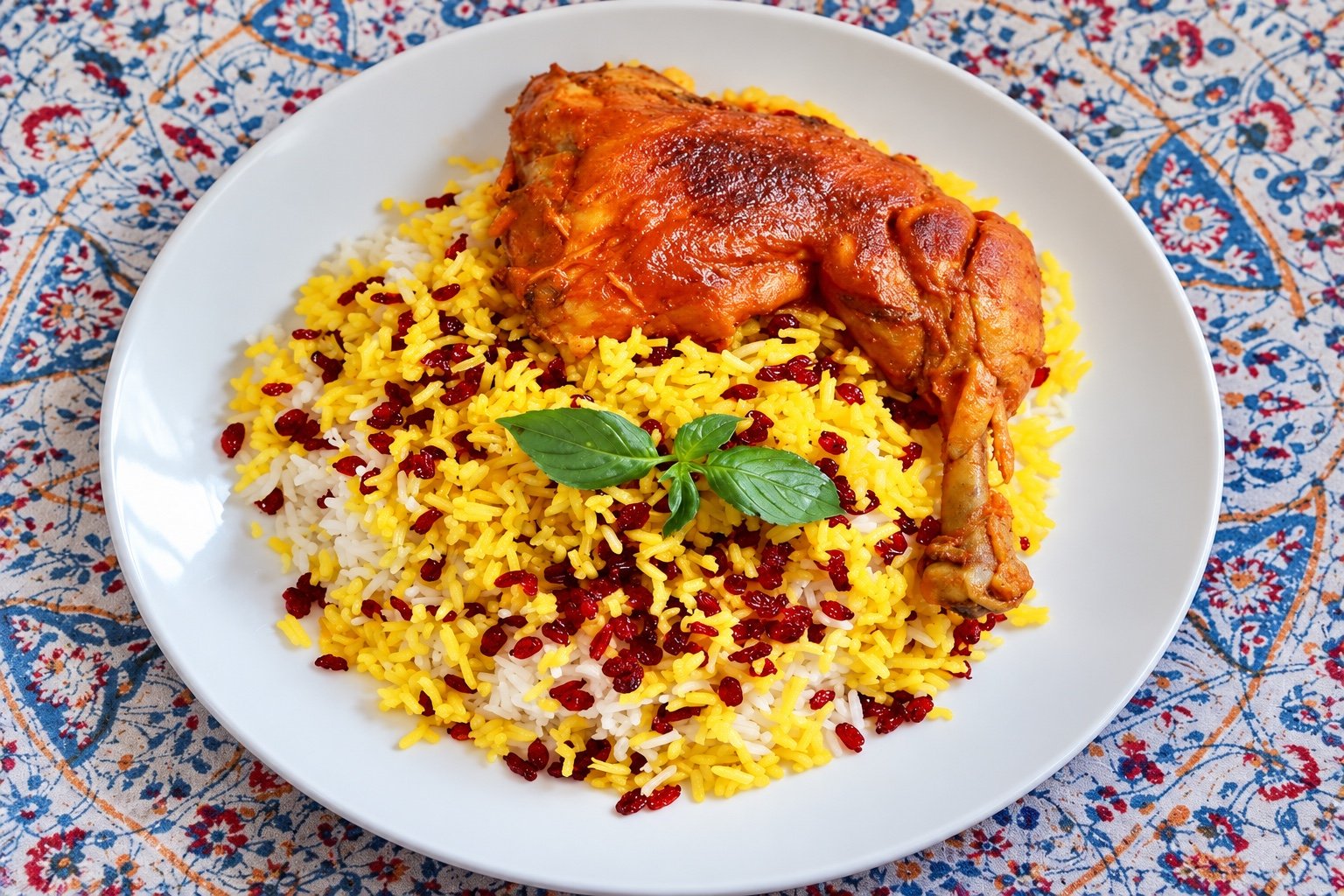 Zereshk polo with a chicken leg and fresh herbs on a white plate