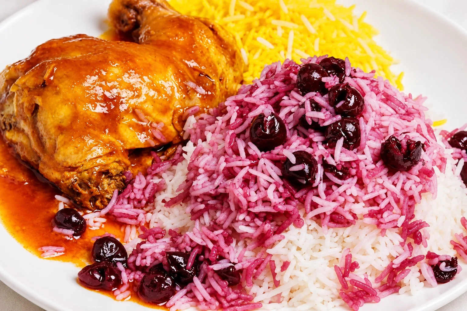 Sour cherry rice with saffron rice and bone-in chicken