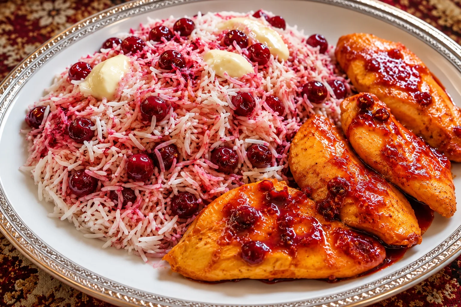 Persian sour cherry rice with butter and chicken fillets on a platter