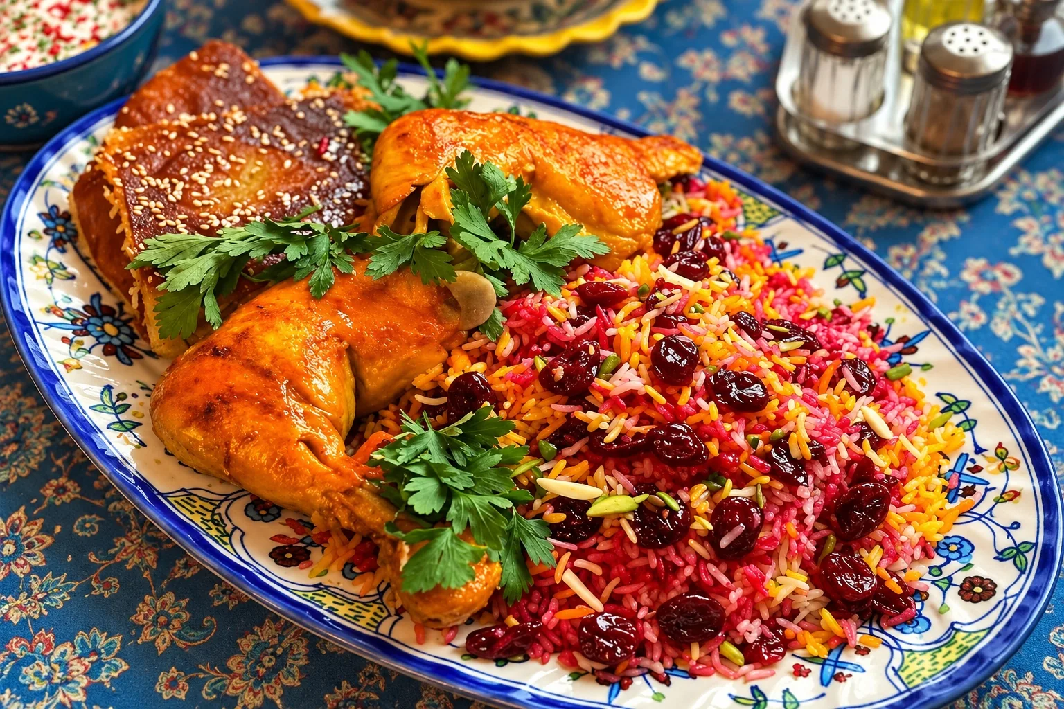 Persian sour cherry rice and bone-in chicken on a blue patterned platter