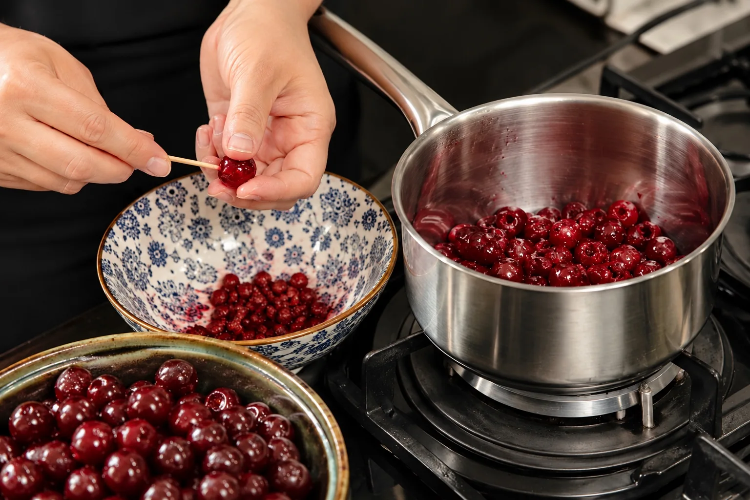 Removing pits from sour cherries before cooking