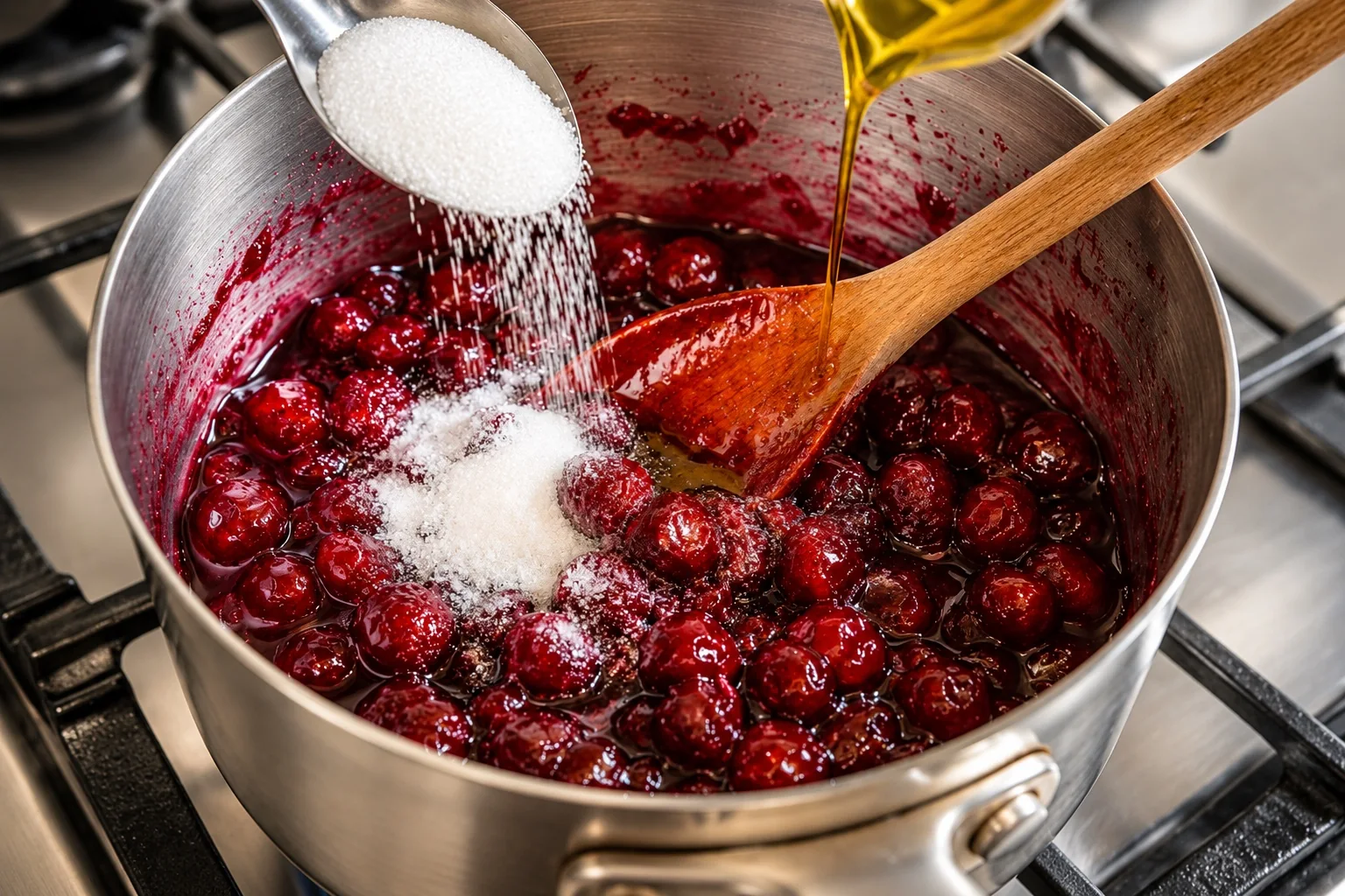 Adding sugar and olive oil to sour cherries in a saucepan